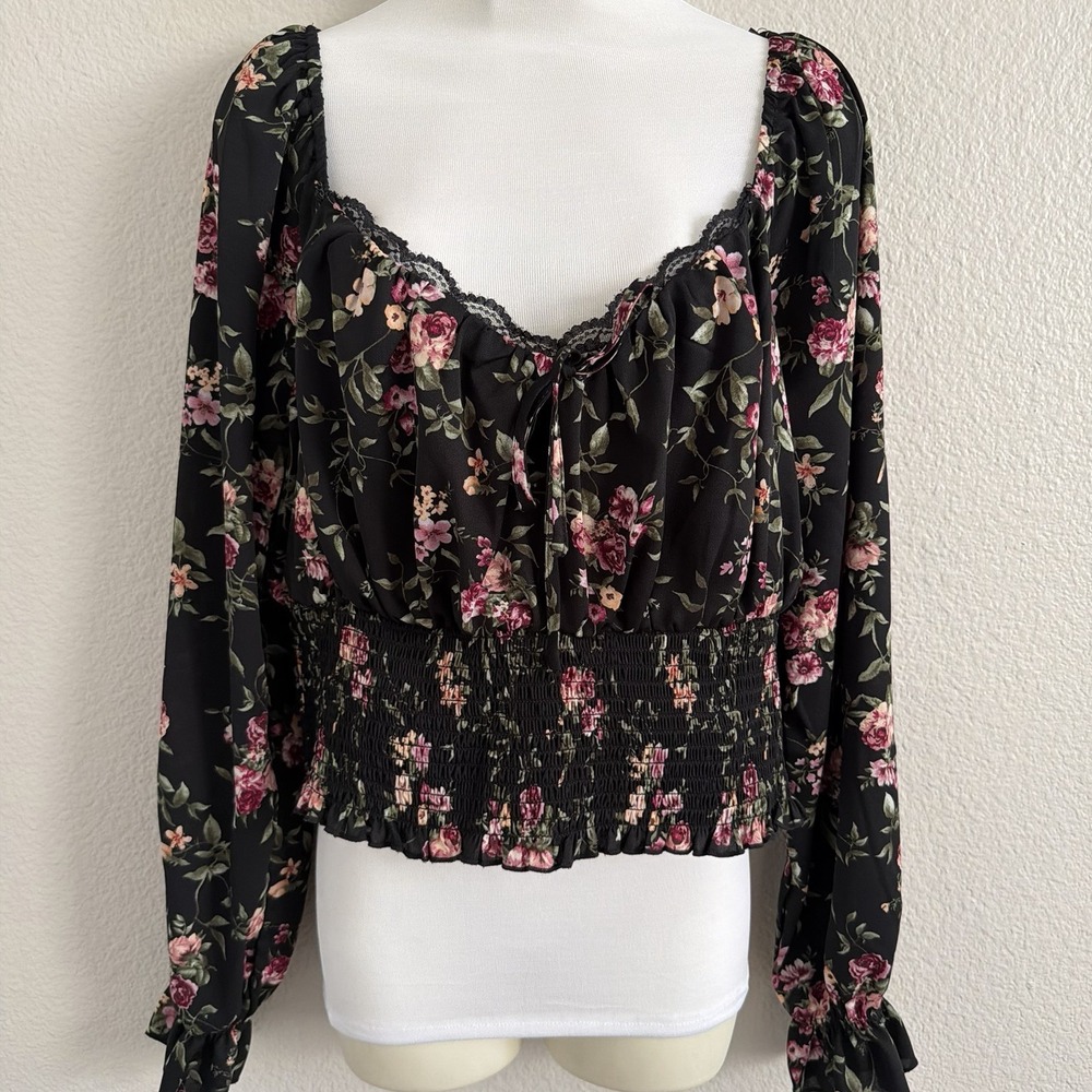 1X XL Floral Boho Off the Shoulder Top Blouse Puff Sleeve Peasant Lace Trim - Picture 1 of 15